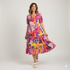 Jude Connally Bright Beachy Maximalist Tiered Ruffle Preppy Dress Multi Floral M